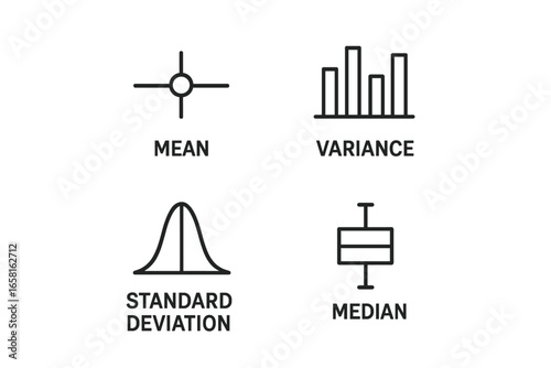 Statistical measures outline icon set. Icons for mean, variance, standard deviation, median. Vector symbols for data science, analysis, math, statistics, and probability theory.