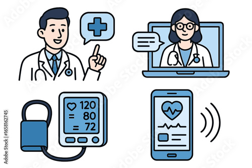 Digital health technology illustration featuring doctors, telemedicine consultation, modern medical devices, remote patient monitoring, and mobile health app in contemporary healthcare environment