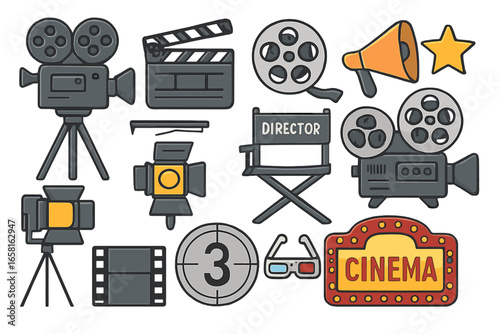 Film Industry Equipment Icons Set. Flat Vector Cartoon Illustration of Cameras, Director Chair, Clapperboard, Projector, Film Reel, Studio Lights, Megaphone, Cinema Sign, Movie Production Elements