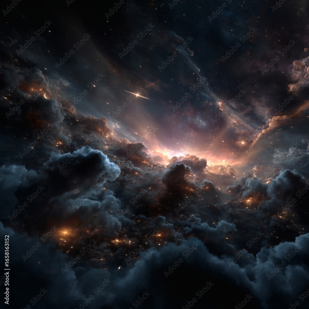 Naklejka premium Dark gothic nebula with mysterious cosmic atmosphere, surreal deep space illustration, fantasy horror-inspired galaxy, mysterious interstellar clouds, eerie astronomy background, gothic cosmic