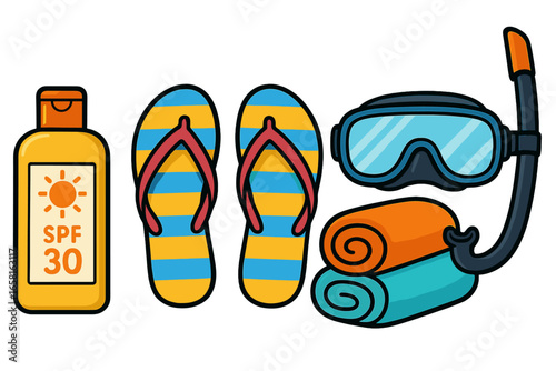 Summer beach vacation essentials icon set. Vector cartoon illustration with sunblock, flip-flops, towels, and snorkeling gear. Holiday and travel accessories concept isolated.