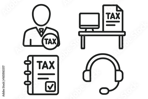 Tax consultation services icon set. Vector outline pictograms of financial advisor, tax filing, accounting support, and office workplace. Taxpayer assistance symbols.