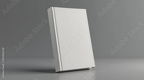 Realistic 3d render of a clean white hardcover book standing upright with subtle lighting and shadow detail