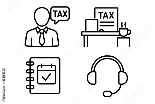 Tax consultation services icon set. Financial advisor, accounting support, and tax payment planning icons. Outline vector of office desk, appointment calendar, and headset.