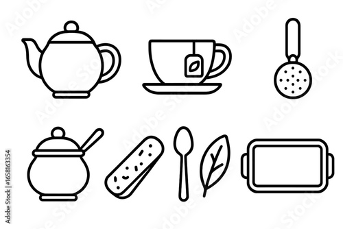 Tea time outline icon set. Vector collection of tea ritual elements: teapot, teacup, infuser, sugar bowl, spoon, leaf, biscuit, and tray. Minimalist kitchen symbols.