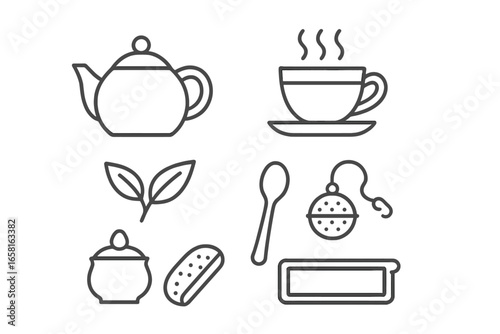 Tea time icons set. Outline vector symbols for tea ceremony, cafe menu. Teapot, cup, leaf, infuser, sugar bowl, spoon, biscuit. Hot drink concept illustration. Editable stroke.