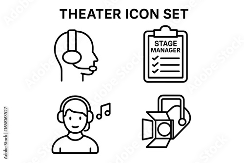 Theater icon set for production and backstage roles. Linear icons for director, stage manager, sound and light technician. Vector symbols for entertainment, show, performance.