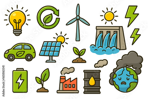Collection of energy icons showing renewable sources and environmental concerns. Green power versus pollution. Solar, wind, hydro energy. Climate change cartoon vector set.
