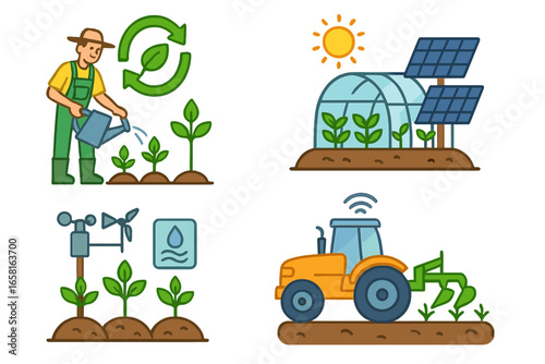 Sustainable Agriculture Practices and Smart Farming Technology Vector Set. Modern Eco-Friendly Cultivation, Renewable Energy, Greenhouse, Automated Irrigation, Precision Agriculture, Digital Tractor