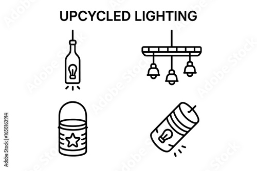 Upcycled lighting outline icon set. DIY handmade lamp concepts. Vector illustration of sustainable, eco-friendly solutions like a bottle pendant light or tin can lantern.