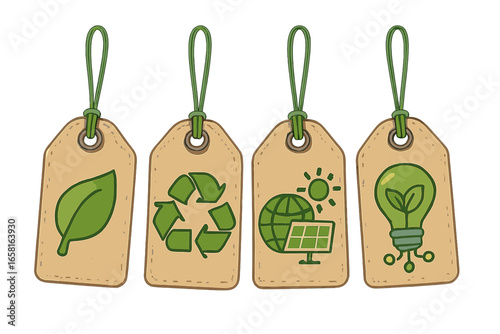 Eco-friendly sustainability tags vector set. Cartoon illustration with leaf, recycle, solar energy and green innovation symbols on transparent background. Environment technology concept label design.