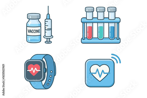 Modern medical technology and health monitoring tools including vaccines, test tubes, and smartwatches in a futuristic healthcare setting, vector cartoon illustration of innovative health devices