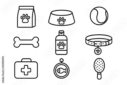 Minimalist Pet Care Icons Set Featuring Essential Dog and Cat Supplies, Grooming Tools, Food and Accessories in Vector Cartoon Style on Transparent Background