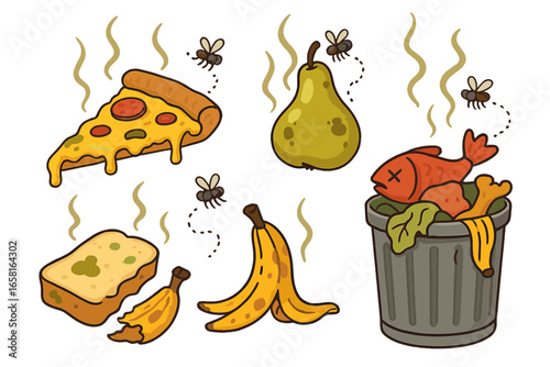 Set of rotten food vector illustrations. Cartoon icons of spoiled, smelly food waste, garbage, and trash. Stinky pizza, moldy bread, rotten fruit, and dead fish with flies.