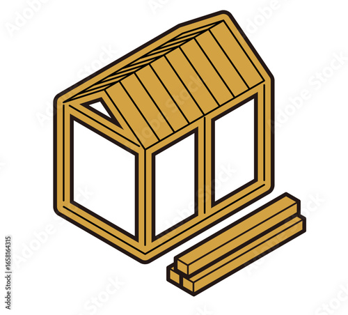 骨組みができた段階の建築中の新築住宅のアイソメトリック図イラスト（アイソメ）