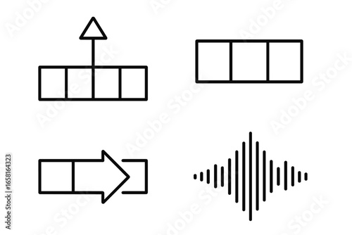 Video editing outline icon set. Vector symbols for post production software interface. Includes timeline, playhead marker, clip segment, movie transition, and audio waveform.