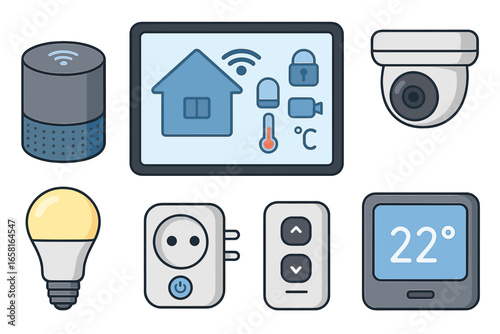 Smart home devices vector set, cartoon illustration of connected appliances, security camera, smart speaker, thermostat, light bulb, remote, socket, home automation system controls