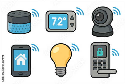 Smart Home Devices Vector Set. Modern Cartoon Icons Showing Connectivity and Security: Smart Speaker, Thermostat, Webcam, Phone, Light Bulb, Door Lock. Home Automation Technology Concept Illustration