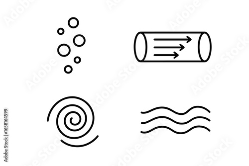 Water flow icon set. Outline symbols of bubble stream, laminar flow in a pipe, eddy swirl, and water current. Vector illustration for physics, hydrodynamics, and fluid dynamics.