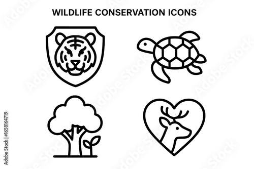 Wildlife conservation outline icon set. Endangered species protection symbols. Tiger shield emblem, sea turtle, forest tree, deer in heart. Animal welfare & ecology vector pack.