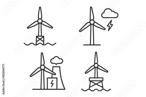 Wind energy icon set. Renewable power and electricity generation symbols. Collection of wind turbine, offshore platform, and sustainable green energy technology vector illustrations.