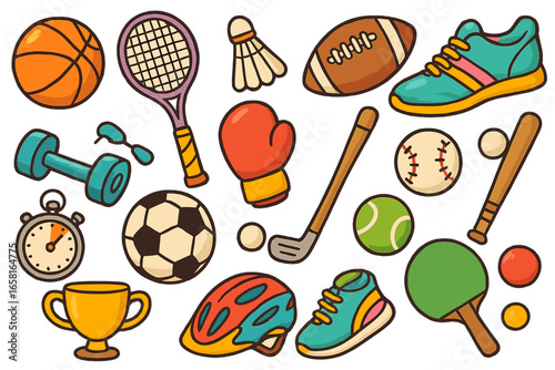 Vibrant cartoon vector illustration of diverse sports equipment and accessories for various activities and games with transparent background, colorful athletic gear icons and dynamic design elements