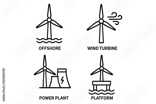 Wind energy outline icon set. Vector symbols for renewable power generation technology. Clean electricity concepts including offshore wind turbine, sea platform, and power plant.