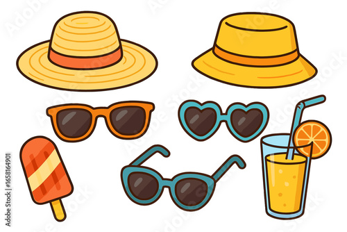Summer beach essentials vector illustration featuring colorful hats, stylish sunglasses, and refreshing treats for a fun sunny day at the seaside, cartoon style with transparent background