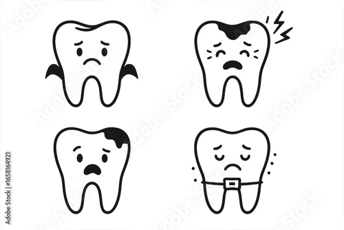 Detailed black and white vector illustration of common tooth conditions and dental issues for educational use, featuring cartoon-style dental health problems on transparent background