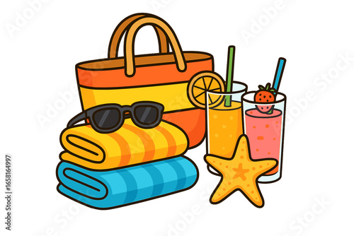 Summer vacation essentials set featuring colorful beach items like refreshing drinks, striped towels, stylish sunglasses, and sun hats for a perfect sunny day by the sea vector cartoon illustration