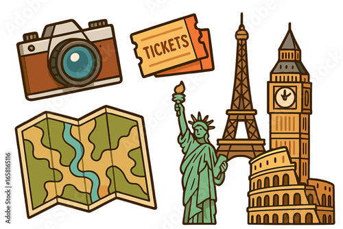 Adventure travel essentials vector set with camera, tickets, map, iconic global landmarks including Eiffel Tower, Statue of Liberty, Big Ben, Colosseum. Vacation planning. Tourism background.