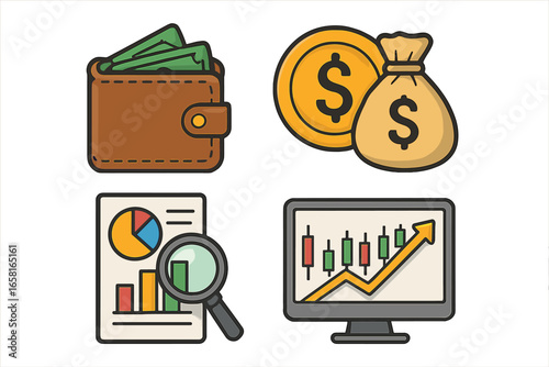 Finance icon set with wallet, money bag, stock market chart. Business investment, financial analysis, trading graph. Vector cartoon illustration for banking and economy concept.