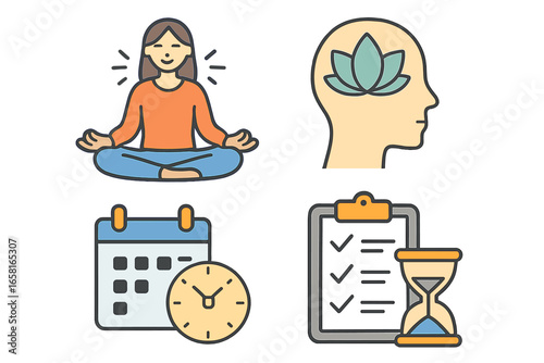 Mindfulness and time management icon set. Meditation, relaxation, mental health, planning, and productivity concepts. Vector illustration for personal development and work-life balance.