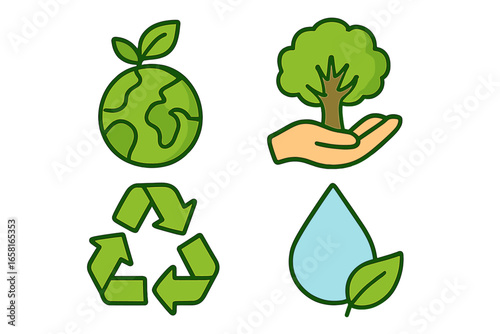 Sustainability and ecology icon set. Concepts for nature conservation, recycling, and water preservation. Eco-friendly vector illustrations for environmental protection and green living.