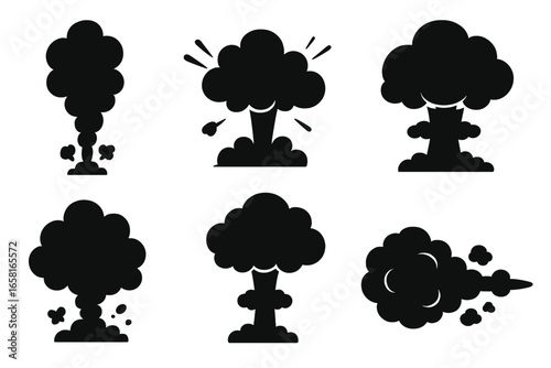 Smoke explosion icons set, cartoon vector silhouette illustration. Black blast and cloud symbols for comic book, outbreak, bomb burst, mushroom cloud, blast, detonation, impact, conflict design.