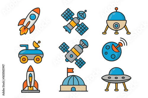 Space exploration icon set. Rocket launch, satellite, ufo, planet rover, moon lander, martian base. Flat cartoon vector illustration. Galaxy travel and astronomy symbols.