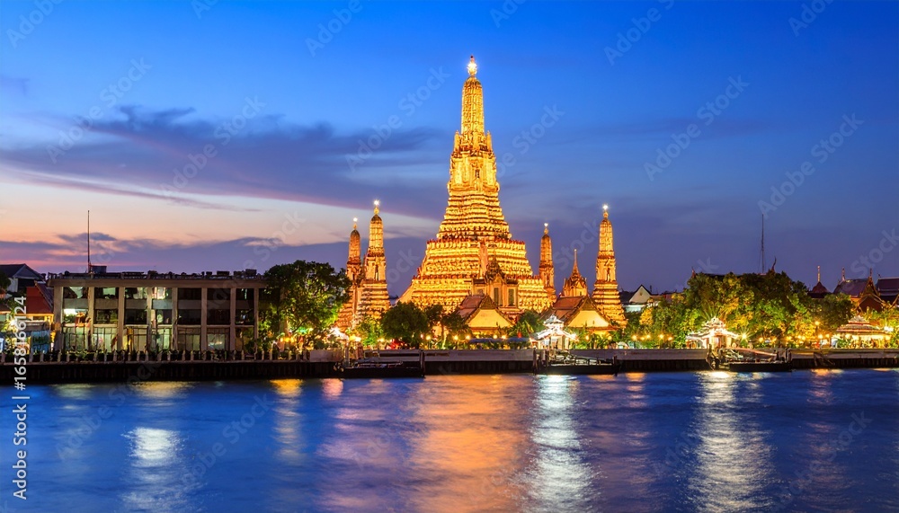 Obraz premium Illuminated Arun Ratchawararam Ratchawaramahawihan Temple at twilight, reflecting in the Chao Phraya River.