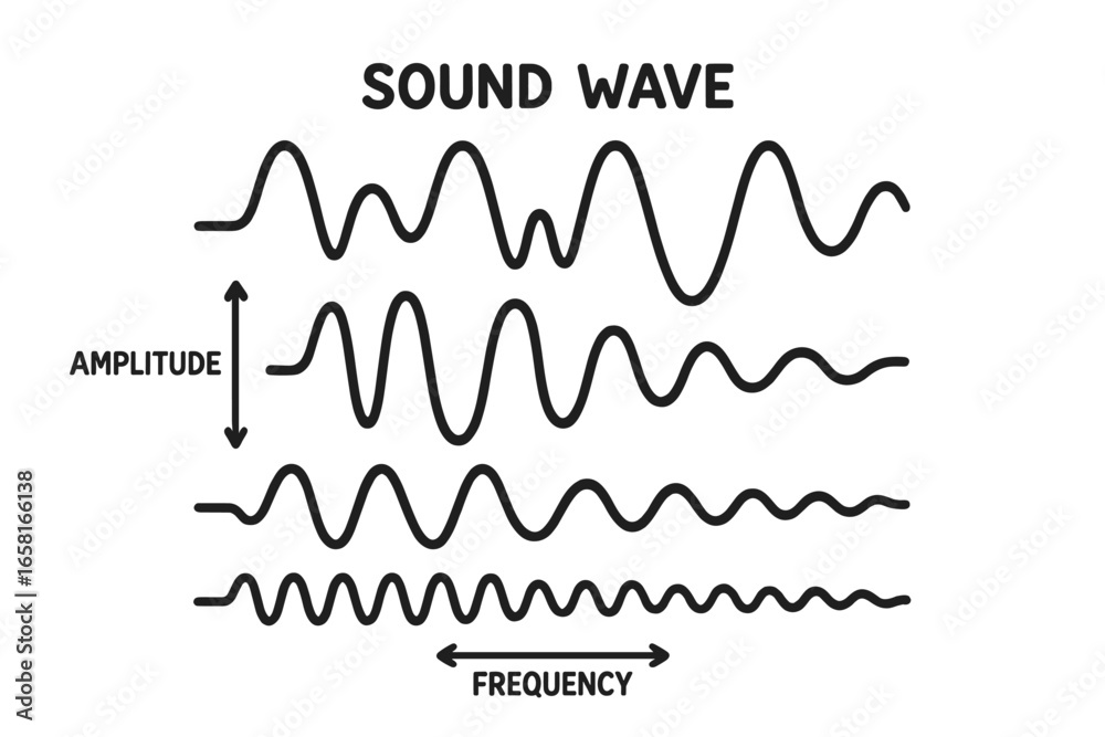 Sound waves diagram with amplitude and frequency. Physics education infographic. Vector illustration of audio signals, vibration, radio and acoustic waves. Simple science chart. Sound waves diagram with amplitude and frequency. Physics education infographic. Vector illustration of audio signals, vibration, radio and acoustic waves. Simple science chart.
