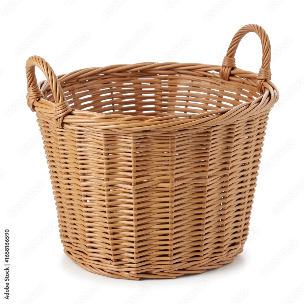 Light Brown Wicker Basket with Two Handles, Isolated on White Background Light Brown Wicker Basket with Two Handles, Isolated on White Background