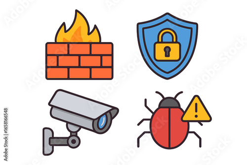 Cybersecurity Vector Cartoon Illustration Featuring Firewall Protection, Surveillance Camera Monitoring, Secure Shield Lock, Malware Threat Alert. Colorful Security Icons Isolated on White Background.