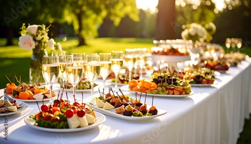 Outdoor Garden Party Buffet with Champagne and Appetizers in Golden Sunlight