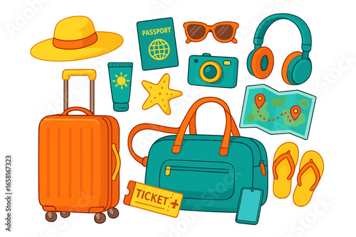 Summer travel essentials vector illustration with suitcase, duffel bag, passport, ticket, sunglasses, map, camera, hat, headphones, flip flops, sunscreen. Cartoon vacation items isolated