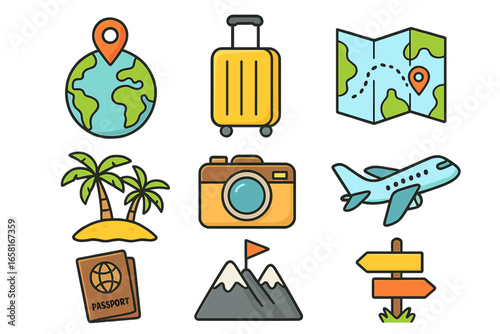 Travel icons representing global adventures, exploration, and wanderlust in diverse styles and shapes, colorful vector cartoon illustration set on transparent background for travel and tourism design