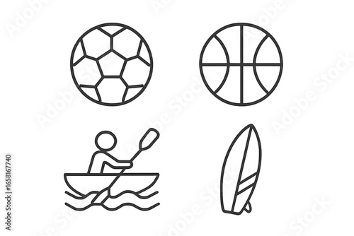 Minimalist vector sports equipment icons set. Soccer ball, basketball, rowing, canoeist, paddle, surfboard, aquatic sports gear. Clean line design for active leisure, fitness, and recreation concepts.