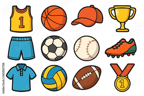 Sports vector icons set featuring cartoon athletic equipment, jersey, shorts, soccer ball, volleyball, basketball, baseball, football, trophy, medal, cap, cleats, shirt on white background.