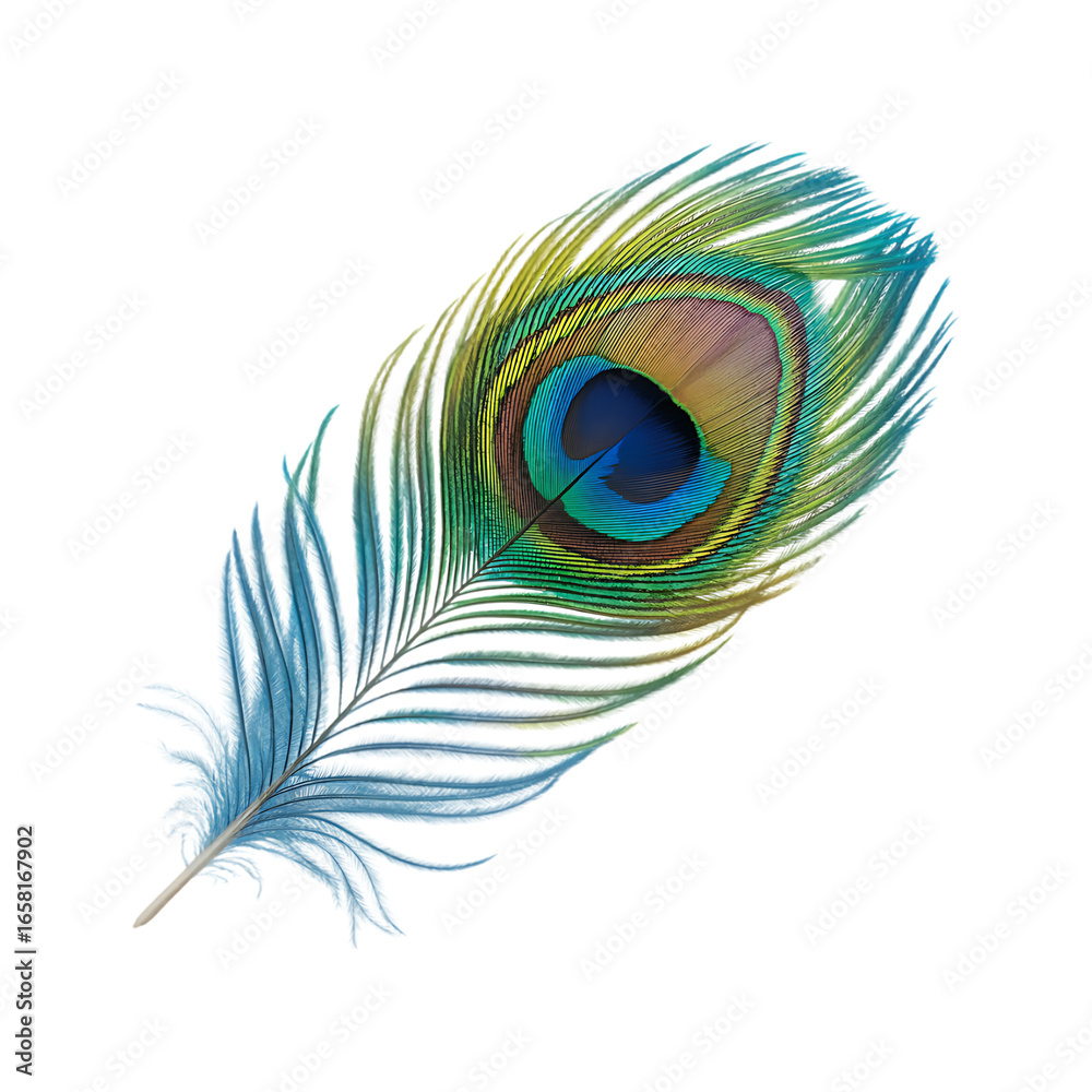 Obraz premium Vibrant peacock feather, isolated on transparent background. Perfect for design and decoration.