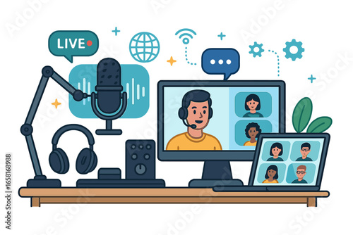 Modern podcasting and livestream studio workspace with digital elements, microphone, headphones, computer, and online meeting screens, remote communication, technology, vector illustration.