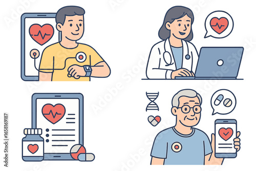 Digital healthcare technology vector cartoon illustration for remote patient monitoring, telemedicine consultation, personalized medicine solutions, wearable medical devices, heart health management