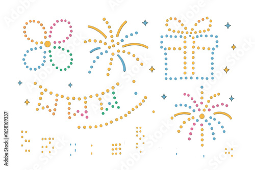 Colorful drone light patterns in the night city sky celebrating festive holiday events, gift box and fireworks in geometric shapes, urban landscape with illuminated dots, vector cartoon illustration