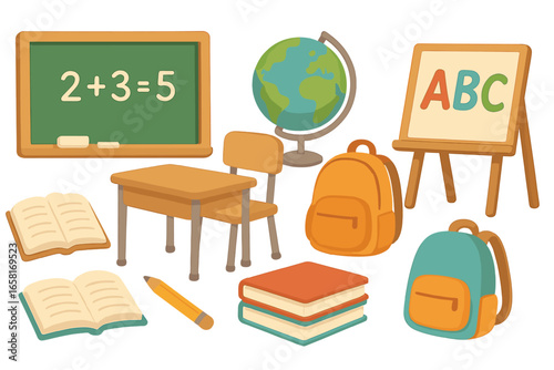 School supplies set. Education cartoon icons for back to school concept. Classroom objects collection with student desk, chalkboard, globe, book, backpack. Elementary learning vector.